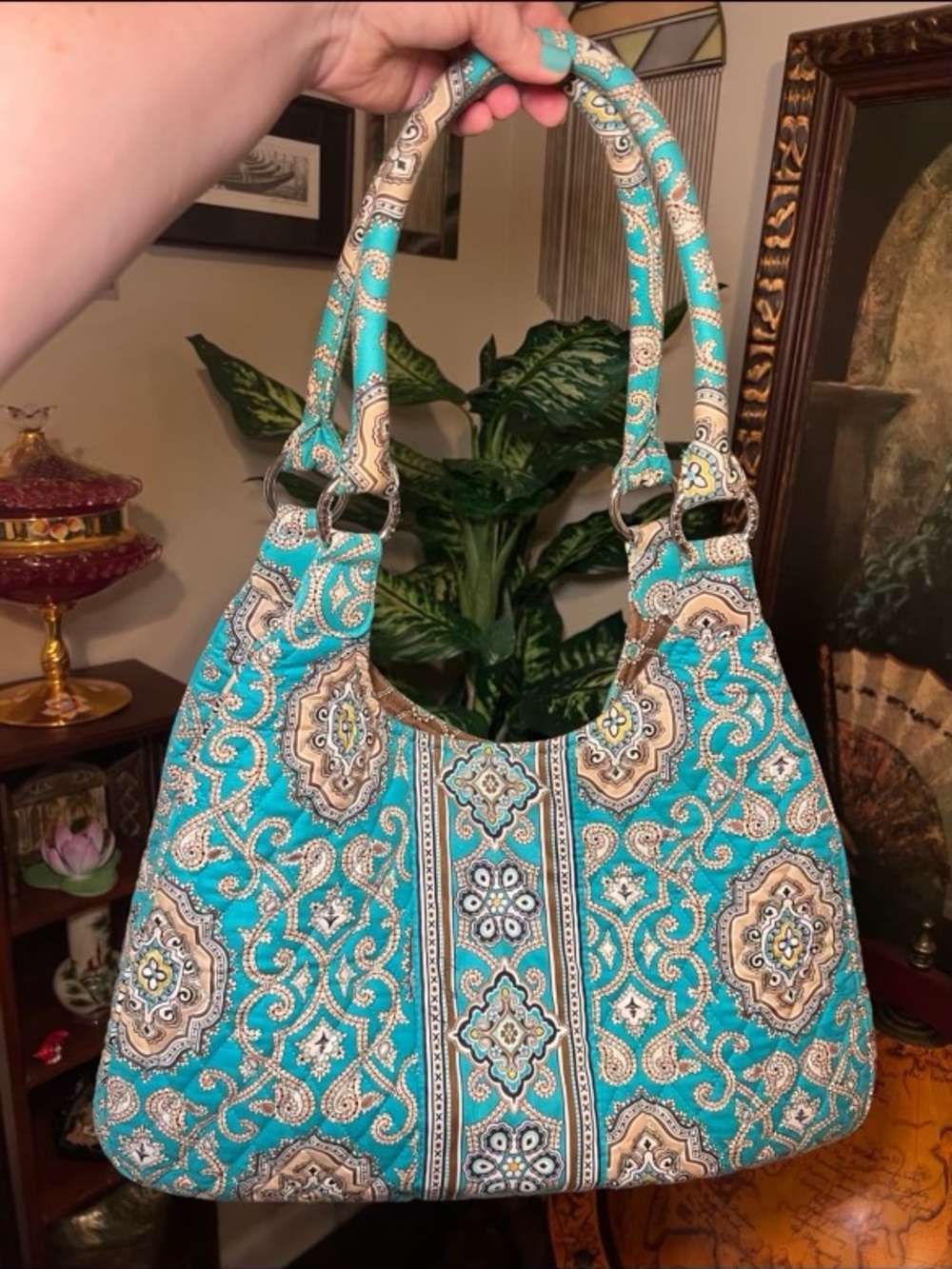 Vera Bradley Hobo Bag Quilted Shoulder Handbag Pockets Blue Turquoise Paisley